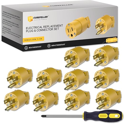 CUBEFELLER® Extension Cord Ends Male Kit, Replacement Plug, 3 Prong, 15Amp, 125Volt, NEMA 5-15P,UL Listed, 10pcs,Comes with a Screwdriver,ER0105P(Yellow)
