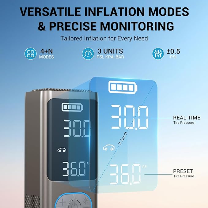 AVAPOW AP18 Tire Inflator Portable Air Compressor, 300% Faster 150 PSI Cordless Air Pump with Tire Pressure Gauge, 3.7″ Dual LCD Screen, Auto-Shuts Off Tire Pump for Car, Motorcycle, Bicycle, Gold