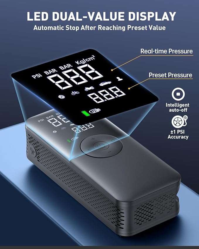 Tire Inflator Portable Air Compressor - Faster Inflation 150PSI & 20000mAh Multifunctional Air Pump, Accurate Pressure Gauge Display & LCD Light for Auto, Motorcycles, Bikes, Balls