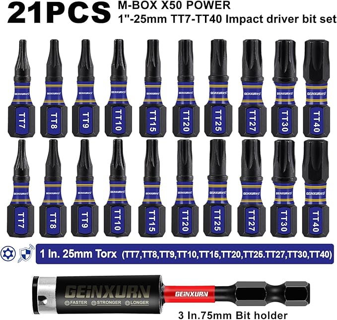 20Pieces 1 In. Impact Security Torx Screwdriver Bit Set, Magnetic Multi-Torx Head(T7-T40) Insert Bits, S2 Alloy Steel Star Bits with 1Pc Impact Bit Holder and Storage M-Box