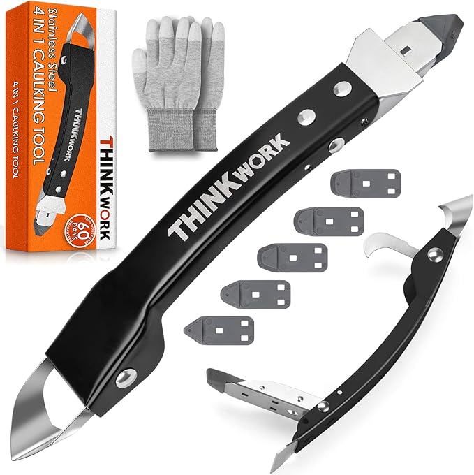 THINKWORK Caulking Tool Kit, 4 in 1 Caulk Remover Tool, Stainless Steel Caulk Tool for Kitchen Bathroom Window Sink Tile Joint, Black