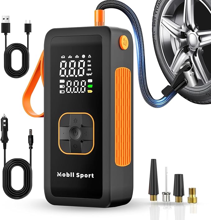 Tire Inflator Portable Air Compressor, 180 PSI Air Pump For Car Tires with Digital Pressure Gauge, LED Light and Auto Shut-Off Function - Cordless Pump for Car, Motorcycle, Bicycle, Balls and More