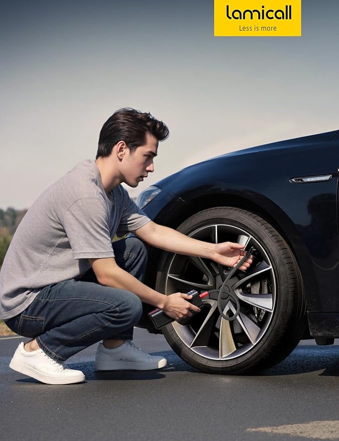 Lamicall Portable Car Tire Inflator - Air Compressor [150 PSI] [4X Faster] Cordless Car Air Pump with Rechargeable Battery, Digital Display Pressure Gauge, LED Light, for Cars, Motorcycles, Bike, Ball