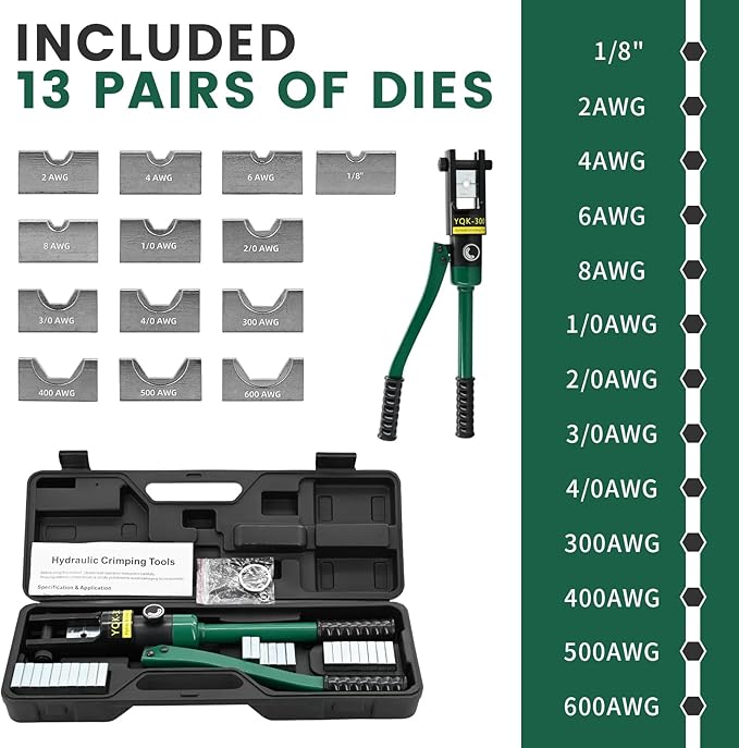 16T Hydraulic Battery Cable Crimper 8 AWG to 600 MCM Cable Crimping Tool Hydraulic Lug Crimper Electrical Terminal Wire Crimper with 13 Pairs of Dies Kit, Green