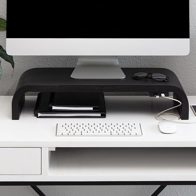 Anji Mountain Wood Monitor Stand Riser Desk Desktop Organizer Table for Home, Office Workspace, Laptop Riser, Ergonomic Design Stand for Gaming Setup, with Power Source, Black