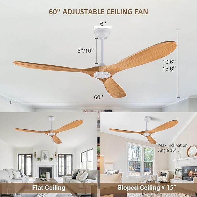 60'' Ceiling Fans Without Light, Solid Wood Ceiling Fan No Light with Remote and 3 Wood Blades,6 Speed DC Motor Indoor Outdoor Ceiling Fans for Patio, Living Room, Bedroom, Office