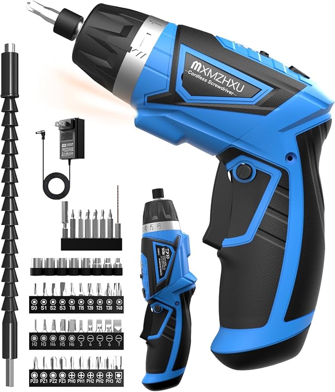 8V Cordless Screwdriver,6+1 Torque Max 10N·m Electric Power Screwdriver with 47 Accessories,180°Pivoting Handle, 2000mAh Rechargeable Screw Gun&Bit Set with LED Light, Flexible Shaft,for Home,Office