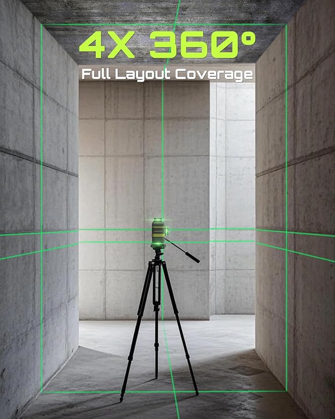 LG-4D 16 Green Beam 4x360° Laser Level, Self-Leveling Tool with Horizontal and Vertical Dual Layout, Ideal for Construction and Picture Hanging, Magnetic Pivot Bracket Included