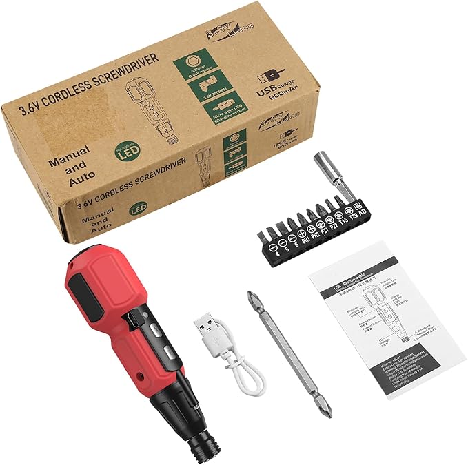 LOFICOPER Mini Electric Screwdriver Set, Rechargeable Cordless Screwdriver, Portable Power Screwdriver Kit with Charging Cable, LED Lights, for Phones, PC, Toys, Red
