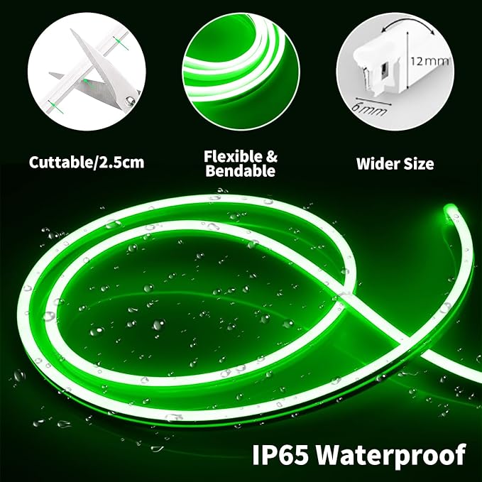 iNextStation 12V Green LED Strip Lights 16.4FT, Flexible Silicone Neon Rope Light with Power Adapter, Waterproof, Cuttable, Dimmable & Linkable, for Cabinet, Ceiling, Wall, Bedroom, Kitchen, Garage