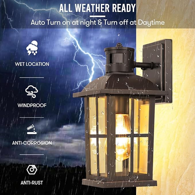13in Motion Sensor Porch Lights, Anti-Rust 100% Aluminum Dusk to Dawn Outdoor Light Fixtures, Exterior Wall Lanterns Sconce Lighting Brown, Outside Lights for House Wall Mount for Entryway Garage