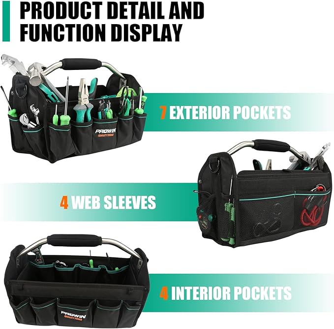 Prowin 16" Multi-pocket Tool Organizer with Plastic Waterproof Bottom, Heavy-duty Collapsible Tote Wide Mouth Tool Tote Bag 600 Denier Roomy Pro Sized Tote Black