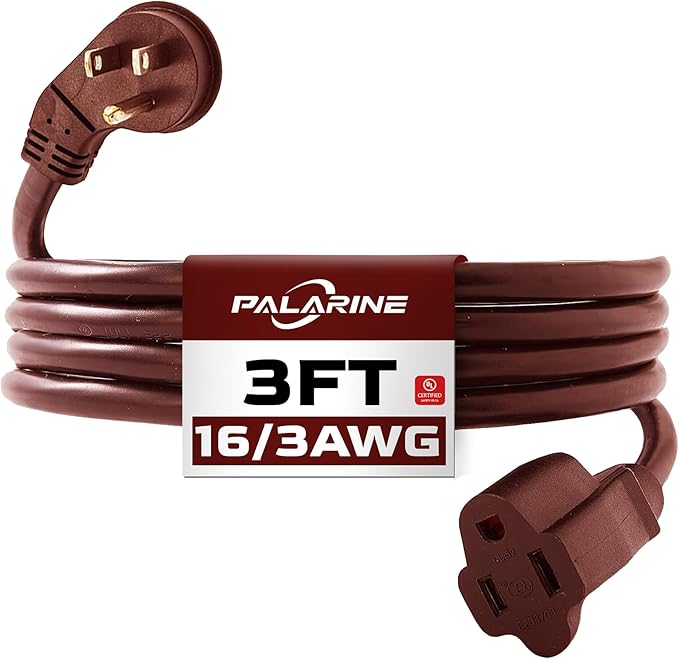 Indoor Flat Plug Brown Extension Cord 3ft, UL Listed, 16/3 SJTW 3 Prong Heavy Duty, 16 Gauge 13A Power Cord for Lights, Appliance, Home, Office