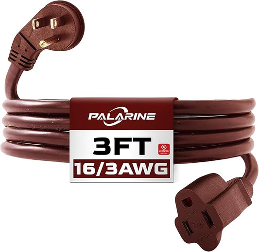 Indoor Flat Plug Brown Extension Cord 3ft, UL Listed, 16/3 SJTW 3 Prong Heavy Duty, 16 Gauge 13A Power Cord for Lights, Appliance, Home, Office