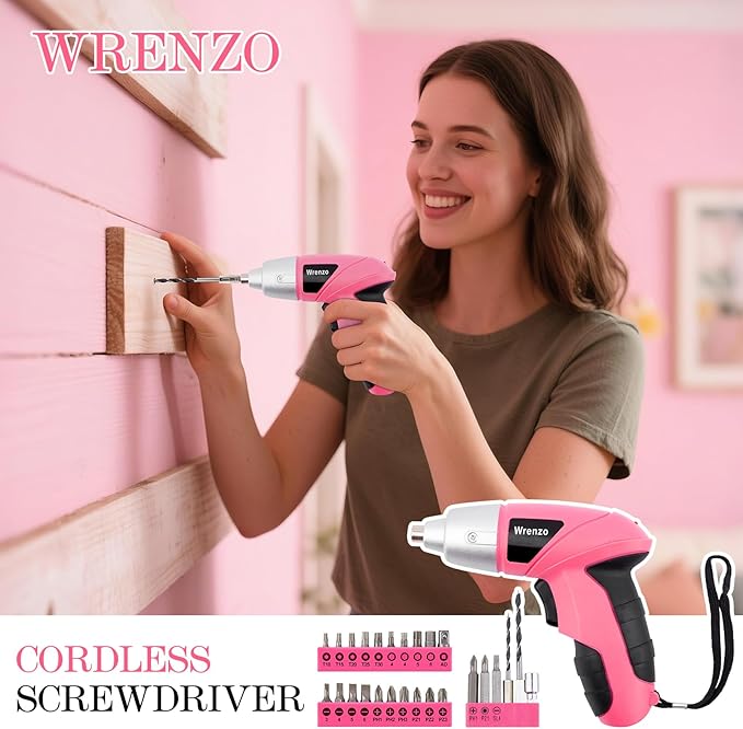 Drill Set, Cordless Drill, Small Tool Kit, 112pc 3.6V USB Tool Set, Tool Kit for Dorm, Cordless & Rechargeable, Pink Home Toolbox for Women, DIY Toolbox