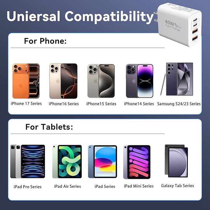 USB C Wall Fast Charger Block, 40W 4-Port Type C Charger Fast Charging Blocks PD Power Charger Adapter+QC 3.0 USB Multiport Charger Brick for iPhone 17/16/15/14/13/12 Pro Max, iPad, Galaxy S25-2Pack