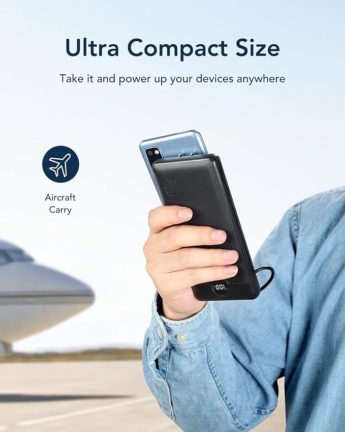 VEGER Portable Charger for iPhone Built in Cables and Wall Plug, 10000mah Slim Fast Charging USB C Power Bank, Travel Essential Battery Pack Compatible with iPhones, iPad, Samsung More Devices(Black)