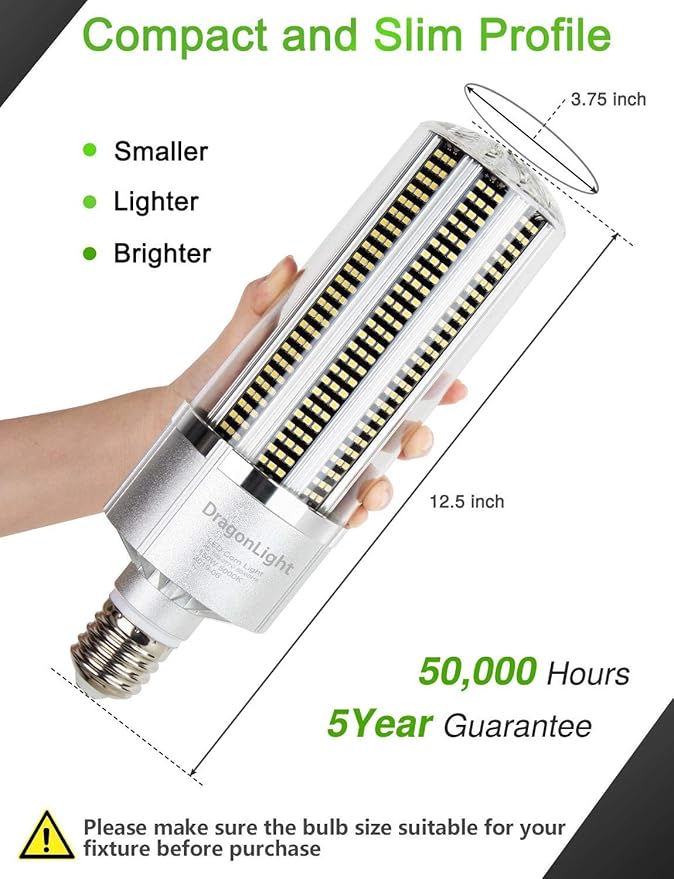 DragonLight 200W Commercial Grade Corn LED Light Bulb(800 Watt Metal Halide/HID/HPS Replacement) E39 Large Mogul Base LED Lamp 5000K Daylight 27,000LM for High Bay Area Lighting