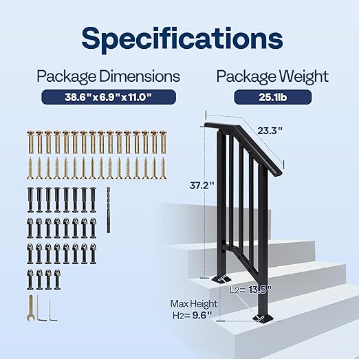 VIVOHOME 2-Pack 2 Step Galvanized Steel Hand Rails for Outdoor Steps – Black Oval and Safety Balusters Exterior Railing for Porch, Deck, or Indoor Stairs, Complete Installation Kit