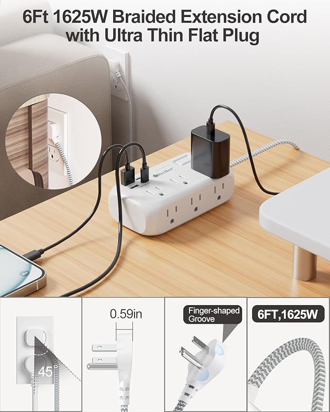 4 USB(2 USB C) Surge Protector Power Strip with Switch- 6 Ft Flat Braided Extension Cord with 6 Widely Outlets, Flat Plug Wall Mount Desk USB Charging Station for Home Office Dorm Room Travel 1625W