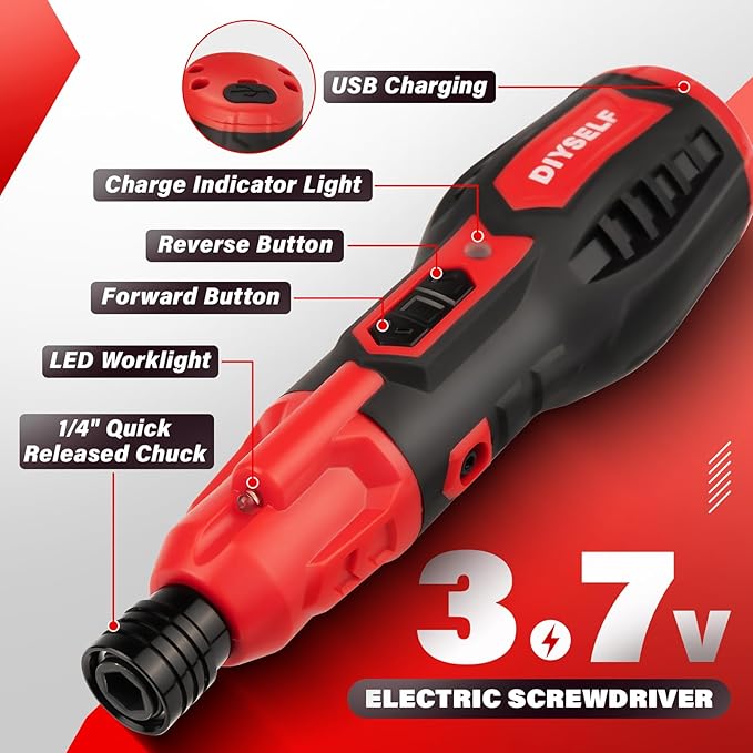 DIYSELF Electric Screwdriver Cordless Rechargeable 3.7V Power Screwdriver with LED Light 28-Piece Small Electric Screwdriver Kit Includes Bits, Magnetic Bit Holder, USB Charging Cable, Carrying (Red)