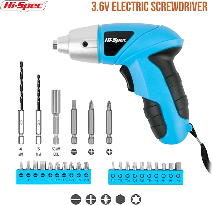 Hi-Spec 27pc 3.6V Blue USB Small Power Electric Screwdriver Set. Cordless & Rechargeable with Driver Bit Set