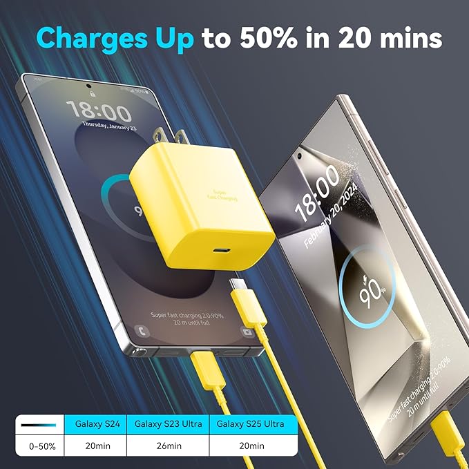 45W Samsung Super Fast Charger Type C,USB C Fast Charger 6.6ft Cable Cord Android Phone Charger Block for Samsung Galaxy S24 Ultra/S24/S24+/S23 Ultra/S23/S23+/S22/S21/S20/Note 10/20, Galaxy Tab,yellow