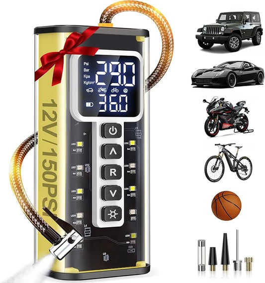 Tire Inflator Portable Air Compressor, 150PSI & 20000mAH Auto Air Compressor for Car Tires, Portable Tire Inflator for Car with Pressure Gauge, Pocket Tire Pump for Cars, Bike, Motorcycle, Ball