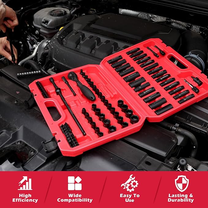 105-Piece 1/4" Drive Impact Socket Set, SAE 5/32"-9/16" & Metric 4-15mm, CR-V Steel Mechanics Tool Set with Ratchet Wrench, Adapters, Universal Joint, Screwdriver Bits, Bit Holder, Extension Bar