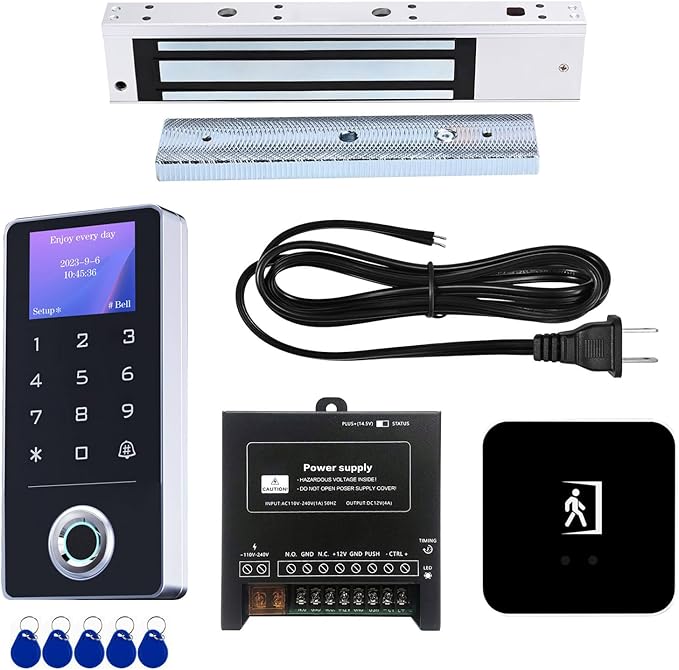 Door Access Control System Kit - Fingerprint, RFID Card, and Password Entry, 600LB Magnetic Lock, Infrared Wireless Switch, Waterproof Door Access Controller with LCD Screen Display