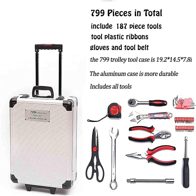 Arcwares 799pcs Aluminum Trolley Case Tool Set Silver, House Repair Kit Set, Household Hand Tool Set, with Tool Belt,Gift on Father's Day (Silver)