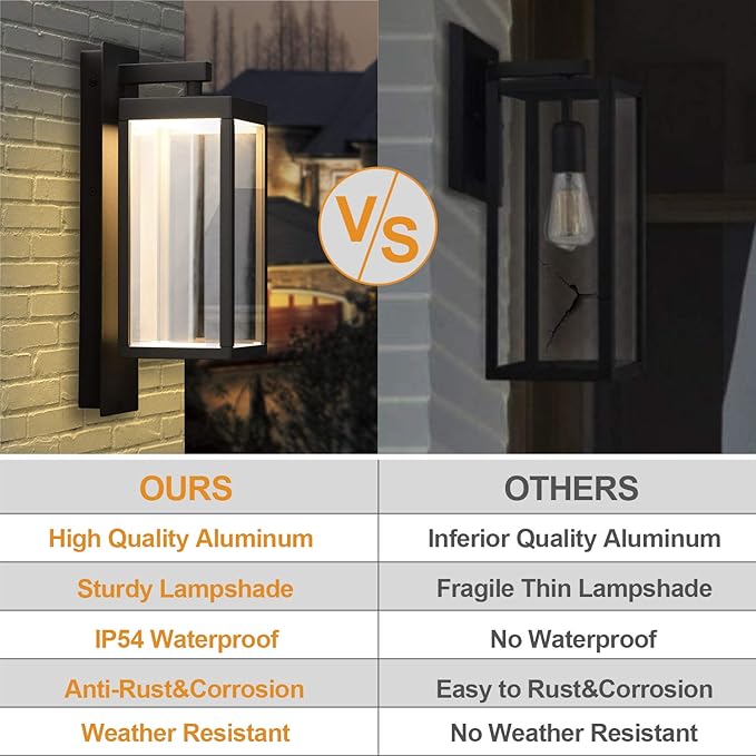 Outdoor Wall Lantern LED Front Porch Light Black for Garage House IP54 Waterproof Exterior Light Fixture Wall Mount Sconce with Glass,13W 750LM