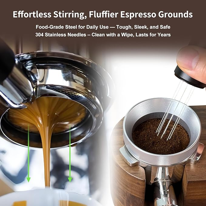 WDT Espresso Distribution Tool, 8x0.35mm Needles Espresso Stirrer with Aluminum Alloy Handle, Stand and 10 Extra Needles, 51mm Espresso Accessories Kit with Dosing Funnel, Puck Screen, Filter Paper