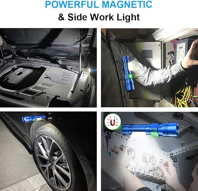 UV Flashlight Black Light, 2-Pack USB Rechargeable Blacklight Flashlight with Magnetic - Side Work Light, 7 Modes, Zoomable, Waterproof – LED Torch for Mechanics Pet Urine Stains Detector,Blue