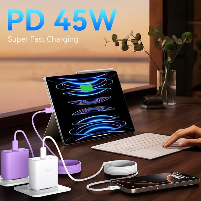 Phone 16 Pro Max Charger Fast Charging, 45W Super Fast USB C Charger Block with 10FT Long Charging Cord Cable for Phone 16 Pro Max/16 Pro/16/16 Plus,15 Pro Max/15 Pro/15,Android Phone-White&Purple