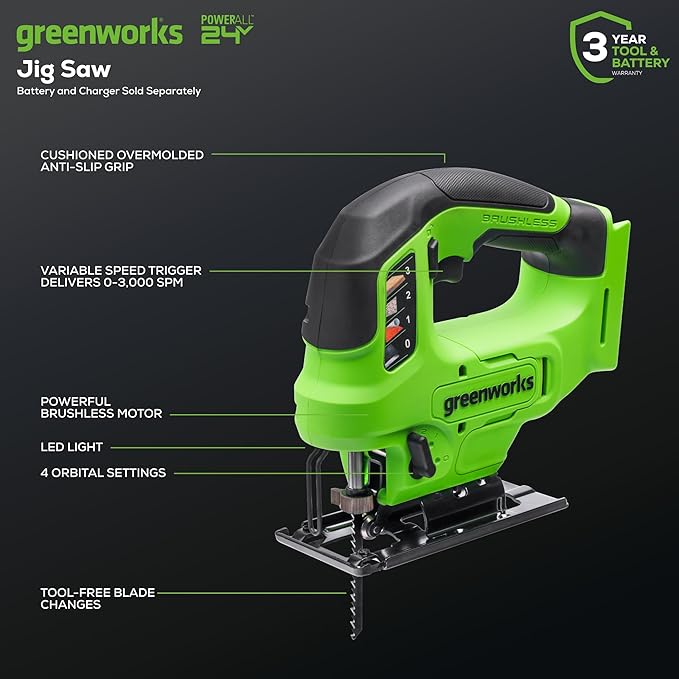Greenworks 24V Brushless 4 pcs Cordless Power Tool Combo Kit, Include Drill, Impact Driver, Jigsaw, Staple Gun, 3 x 2Ah Batteries and 2 Chargers
