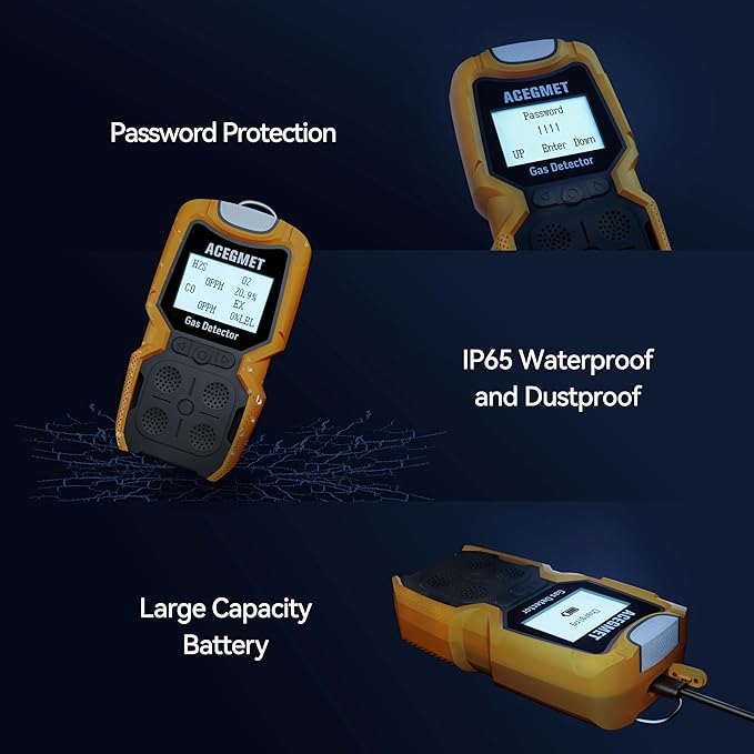 ACEGMET Gas Detector, 4 Gas Monitor Multiple Indicator (Vibration, Audible, Visual) H2S, O2, CO and LEL 4 Gas Monitor Personal Rechargeable 4 Gas Meter 2 Years of Sensor Life Gas Sniffer