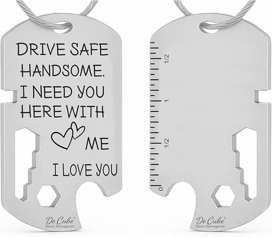Drive Safe Handsome Keychain Multi Tool | 6-in-1 Stainless Steel EDC Gift for Him | Wrench, Ruler, Bit Driver, Bottle Opener, Wire Stripper & Bender