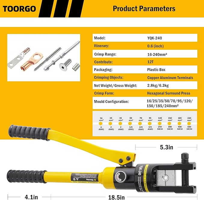 Cable Lug Crimping Tool, 6 AWG to 500 MCM Hydraulic Plier, 12 Ton Hand Crimping Tool for Wires, Terminal, Lug, Crimping Tool Kit with 10 Dies