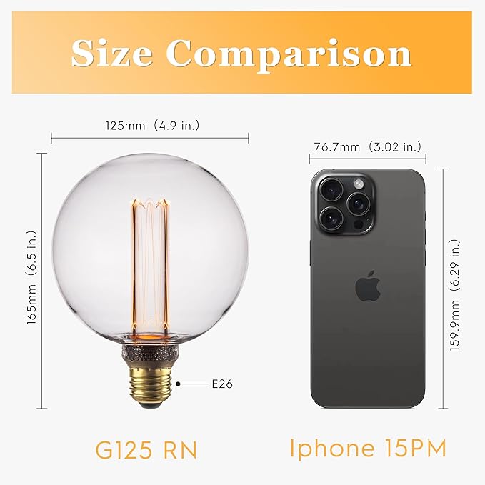 Large Globe Light Bulb, Vintage Edison Dimmable LED Bulb, 3.5W Low Lumen Eye-Caring Soft Dim Lighting for Mood(Not Daylight White), E26 Medium Base, Giant Round Glass Cover Clear RN G125