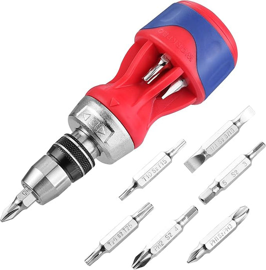 WORKPRO 12-in-1 Stubby Ratcheting Multi-bit Screwdriver, Short Screw Drivers with Magnetic, Quick-load Mechanism, Premium S2 Steel, Small Screwdriver with Double End Bits in Handle