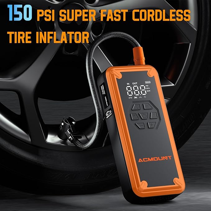 Jump Starter with Air Compressor, Acmount 5000A Car Battery Jump Starter with 150PSI Tire Inflator for Up to 9.0 Gas/8.0L Diesel, 12V Portable Jump Starter Box with LCD Display, Light (Orange)