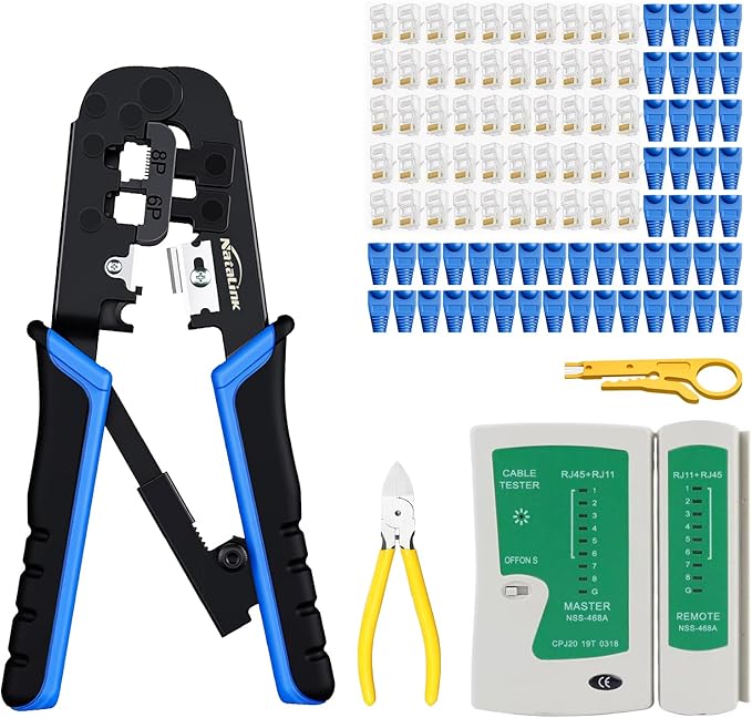 RJ45 Crimp Tool Ethernet Crimper Tool Kit Cat 6 Cat 5E Cat 5 Crimping Tool with Network Cable Tester, Wire Cutter Pliers, Mini Cable Stripper, 50 Pcs Cat 5E Connector and Strain Relief Boots