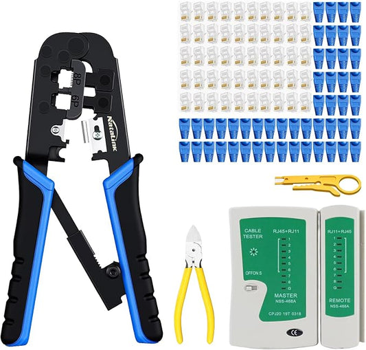RJ45 Crimp Tool Ethernet Crimper Tool Kit Cat 6 Cat 5E Cat 5 Crimping Tool with Network Cable Tester, Wire Cutter Pliers, Mini Cable Stripper, 50 Pcs Cat 5E Connector and Strain Relief Boots
