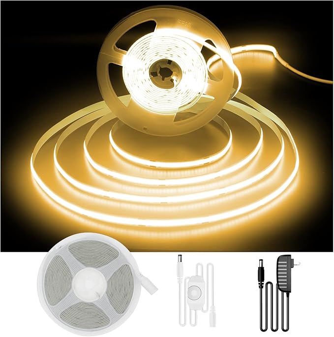 DAYBETTER COB LED Strip, 16.4 ft Warm White LED Strip Lights, Dimmable LED Light Strip 3000K, 24V, 1600LEDs, 2835 Flexible LED Lights for Bedroom, TV, Kitchen Cabinet, Closet