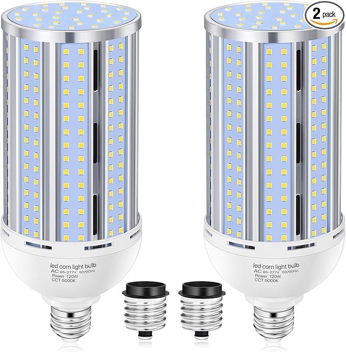 2 Pack 120W Corn LED Light Bulb Fanless,5000K Daylight(1200 Watt Equivalent) E26/E39 Large Mogul Base LED Cob Lamp 15,800LM for Outdoor Indoor Garage Warehouse Factory Workshop Street Backyard