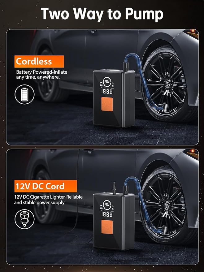 Tire Inflator Portable Air Compressor, 22 Cylinder 6X Faster Tire Pump 150 PSI Air Pump for Car, Motorcycle, Bicycle, Ball - Cordless & 12V DC