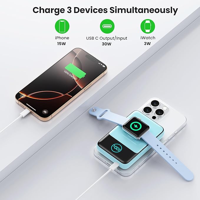 Magnetic Portable Charger for iPhone, 3-in-1 10800mAh Qi2 15W Wireless Power Bank with iWatch Charger,30W PD Fast Charging USB-C LCD Display Battery Pack for Magsafe,iPhone 16/15/14/13/12, Apple Watch