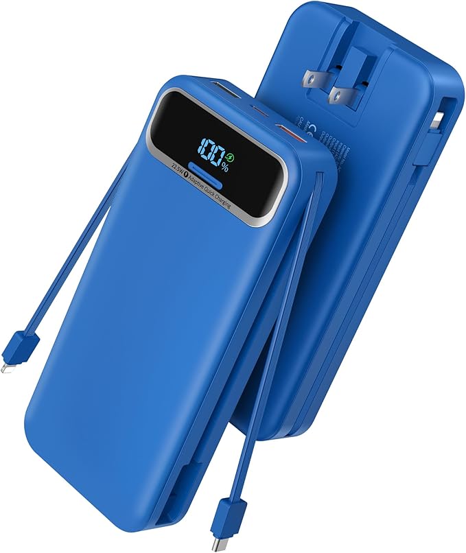 Portable Charger Power Bank with Built in Cables and AC Wall Plug,PD20W&SCP22.5W USB-C Super Fast Charging,20000mAh Travel Phone Charging,LED Display Battery Pack Compatible All iPhone Samsung etc
