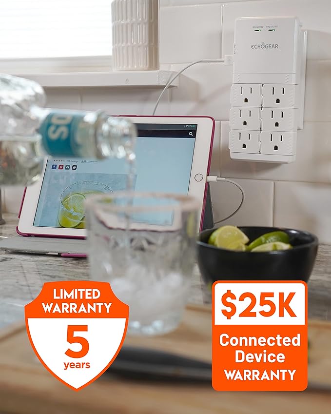 ECHOGEAR Wall Outlet with USB Ports & Surge Protection - Power Protect 8 Devices 6 Rotating AC Plugs 2 Includes 1x USB-C Port USB-A White
